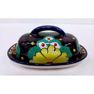 VTG Talavera Butter Dish Floral Multicolor Hand Painted Mexican Pottery
